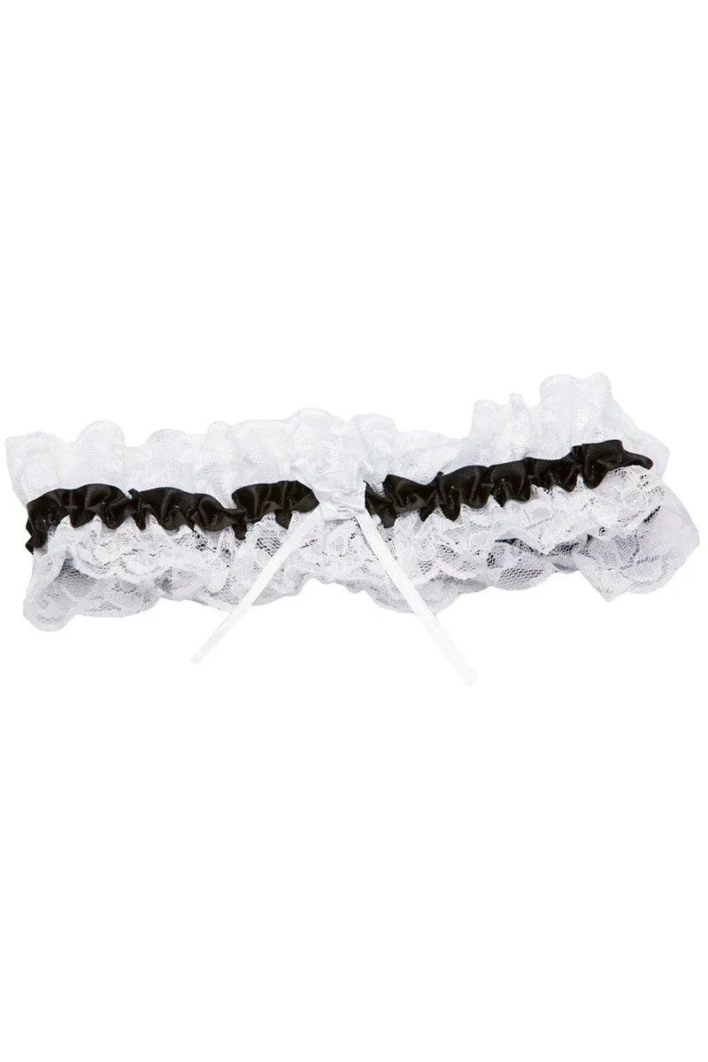 Jarretière dentelle blanche cérémonie ruban satiné noir contrasté élégante raffinée ajustable confortable durable délicate mariage glamour