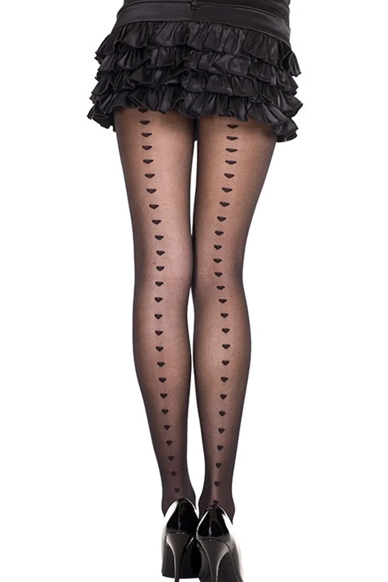 Collant Fantaisie Noir Semiopaque Coeurs Lignes Dos Nylon Elasthanne Confort Durable Qualite Elegance Sexy Tailles Variees