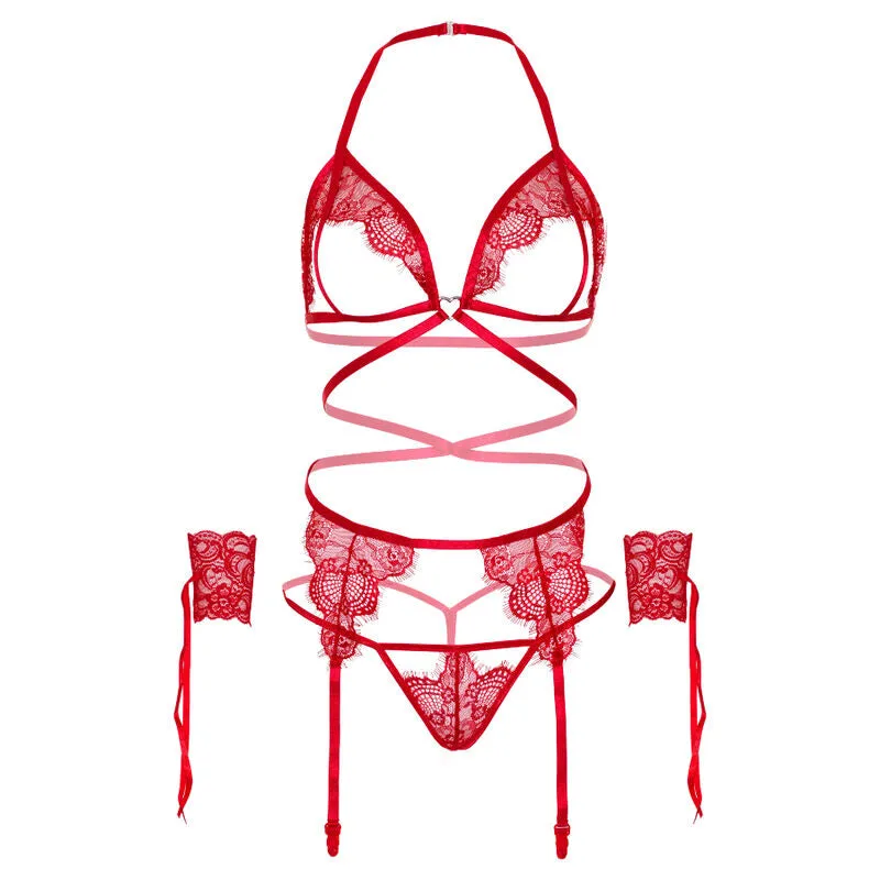 ensemble lingerie dentelle cils rouge taille unique féminine séduisante quatre pièces soutien gorge ouvert bretelles cage porte jarretelles string poignets