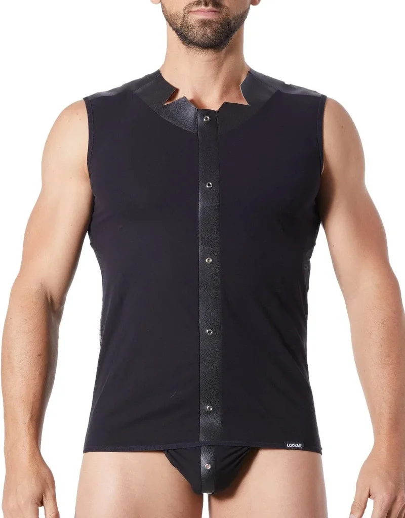 Débardeur Noir Satiné Homme Extensible Polyester Bande Verticale Cuir Anneaux Métalliques Col Rond Coupe Pointue Dos Transparent Sexy
