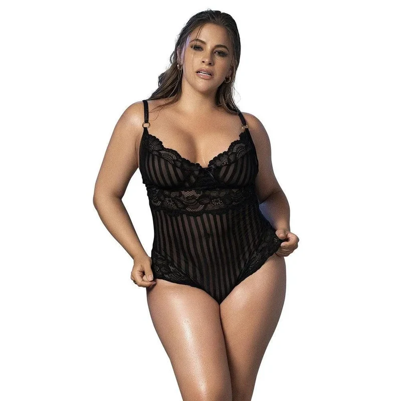 body dentelle noire grande taille Mapalé rayée résille fine bretelles réglables fermeture crochet dos ouverture entrejambe maintien optimal nylon élasthanne