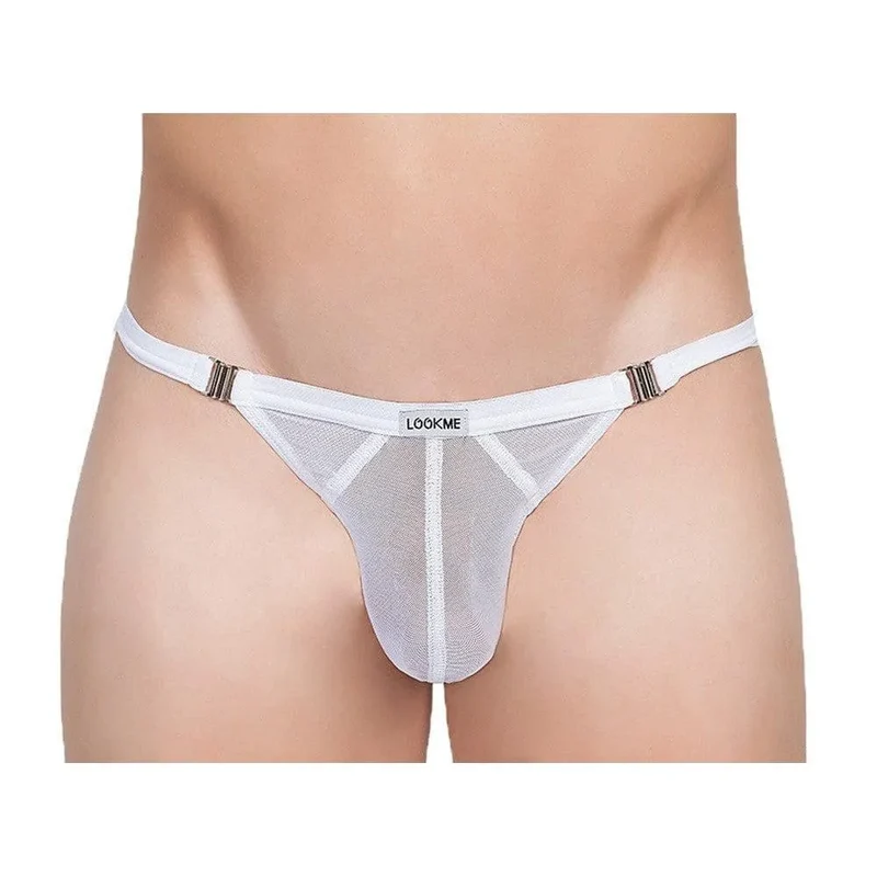 lingerie coquine homme striptease string blanc transparent trois bandes opaques verticales côtés détachables élasthanne polyamide souple maintien moulante