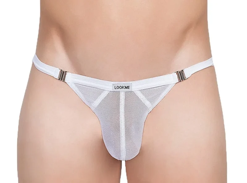 lingerie coquine homme striptease string blanc transparent trois bandes opaques verticales côtés détachables élasthanne polyamide souple maintien moulante