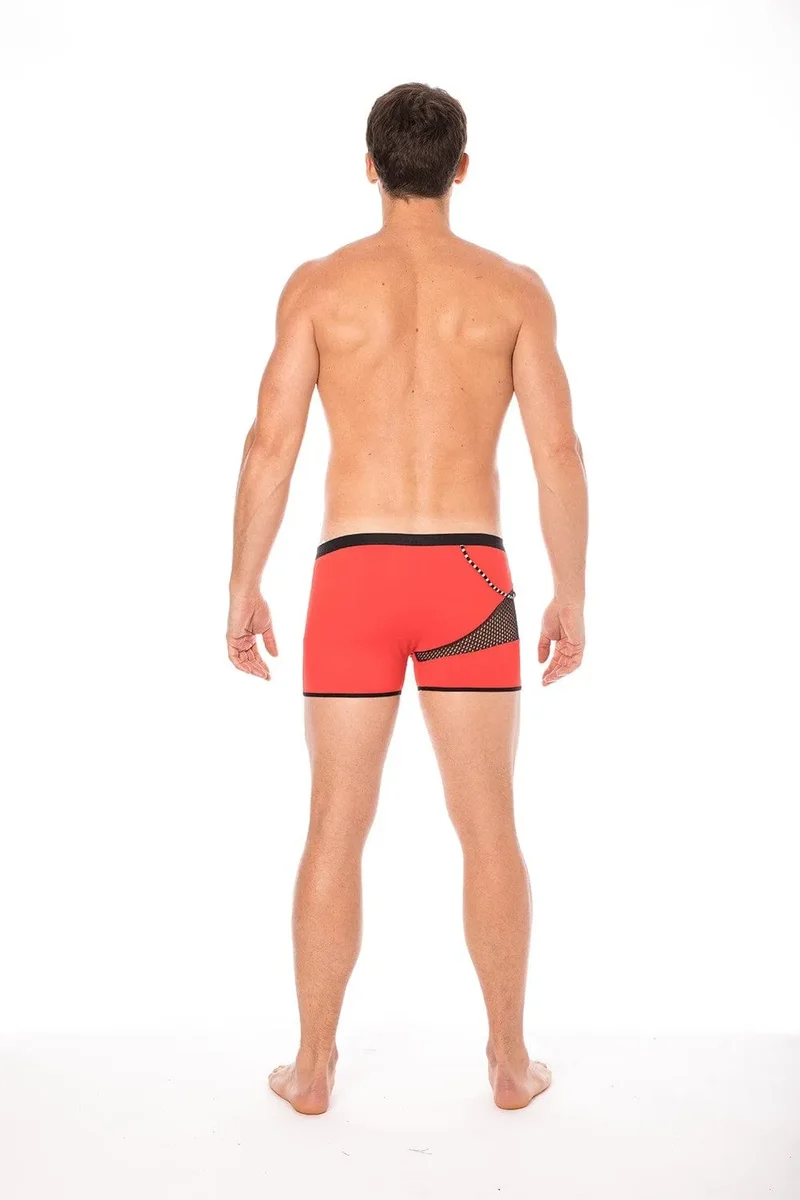 boxer homme rouge sexy branché urbain design polyamide élasthanne extensible moulant opaque filet latéral cordelette sensuel