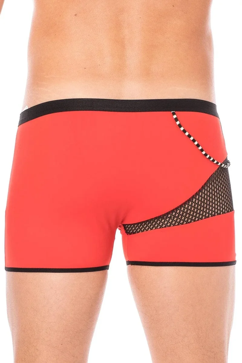 boxer homme rouge sexy branché urbain design polyamide élasthanne extensible moulant opaque filet latéral cordelette sensuel