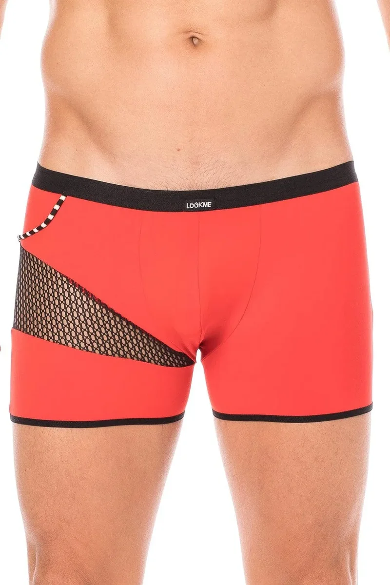 boxer homme rouge sexy branché urbain design polyamide élasthanne extensible moulant opaque filet latéral cordelette sensuel