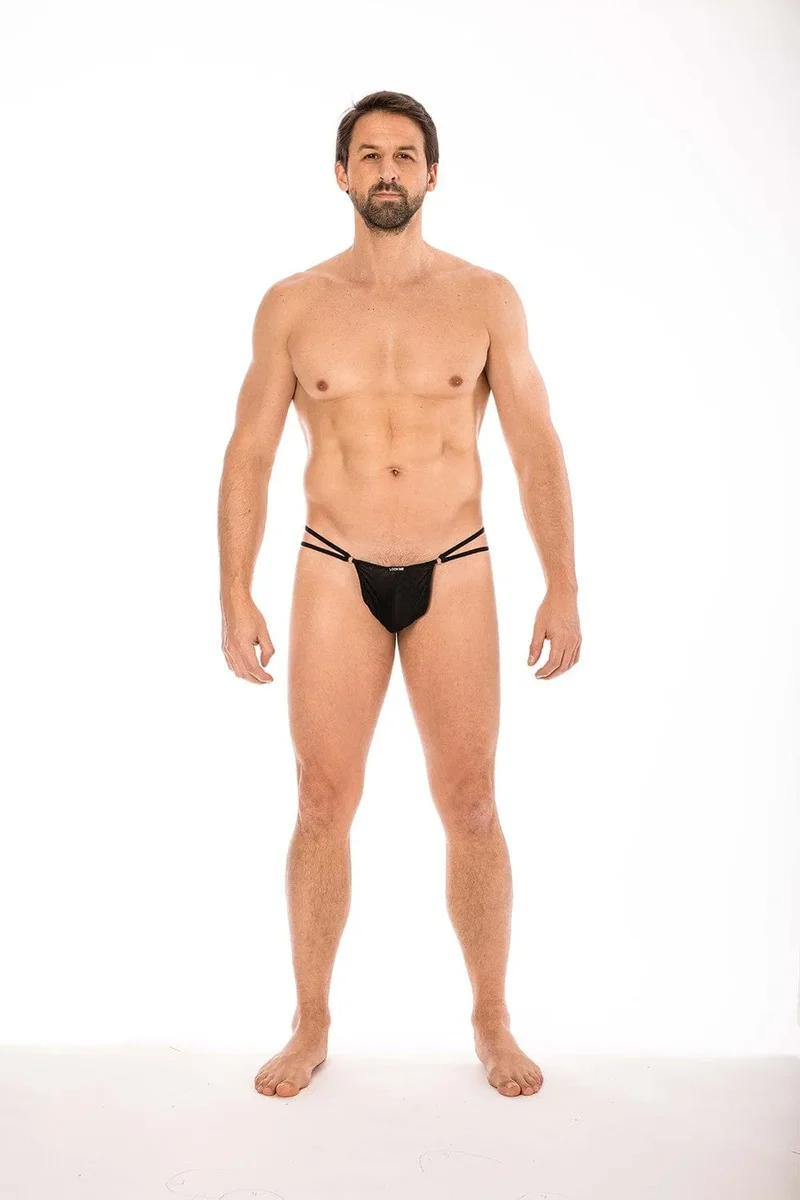 LOOKME string mini sexy noir sensuel lanières anneaux triangle arrière épuré maintien qualité polyamide élasthanne extensible ajustable élégant