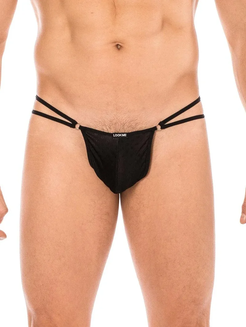 LOOKME string mini sexy noir sensuel lanières anneaux triangle arrière épuré maintien qualité polyamide élasthanne extensible ajustable élégant