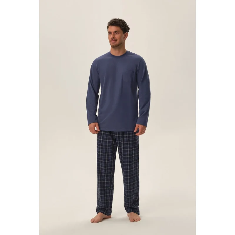 Pyjama homme style classique intemporel confort premium tissu doux respirant manches longues pantalon carreaux poche poitrine coton polyester