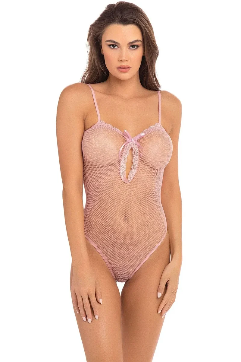 body dentelle rose résille pois bretelles fines noeud satin bonnets ourlet délicat ouverture entrejambe extensible doux sensuel élégant