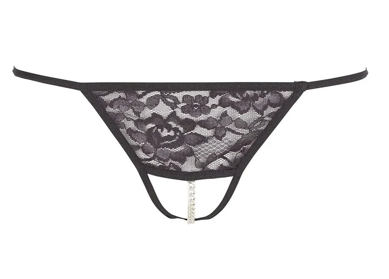 string dentelle ouvert noir chainette entrejambe métal délicate séduisante élégante sophistiquée extensible polyamide douce confortable taille unique sensuelle glamour