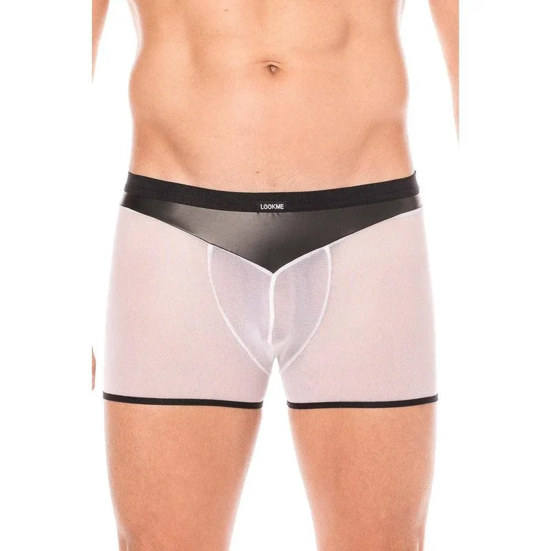 boxer sexy homme résille blanche simili cuir brillant souple poche transparente arrière opacité contraste matière polyester elasthanne