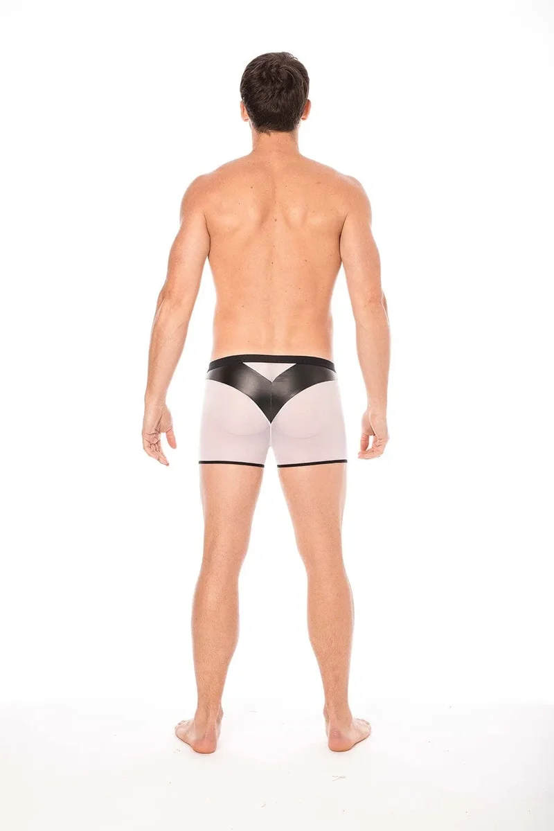boxer sexy homme résille blanche simili cuir brillant souple poche transparente arrière opacité contraste matière polyester elasthanne