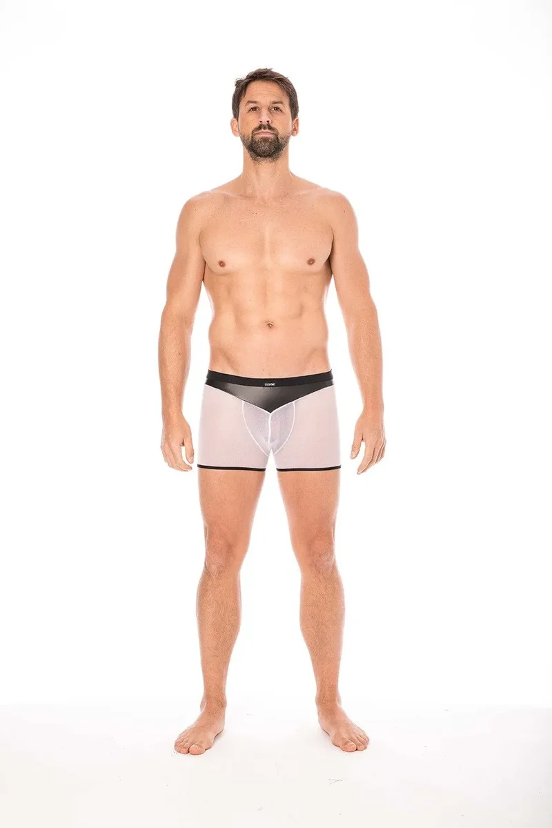 boxer sexy homme résille blanche simili cuir brillant souple poche transparente arrière opacité contraste matière polyester elasthanne