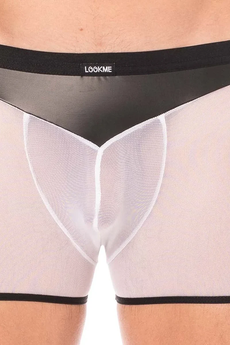 boxer sexy homme résille blanche simili cuir brillant souple poche transparente arrière opacité contraste matière polyester elasthanne