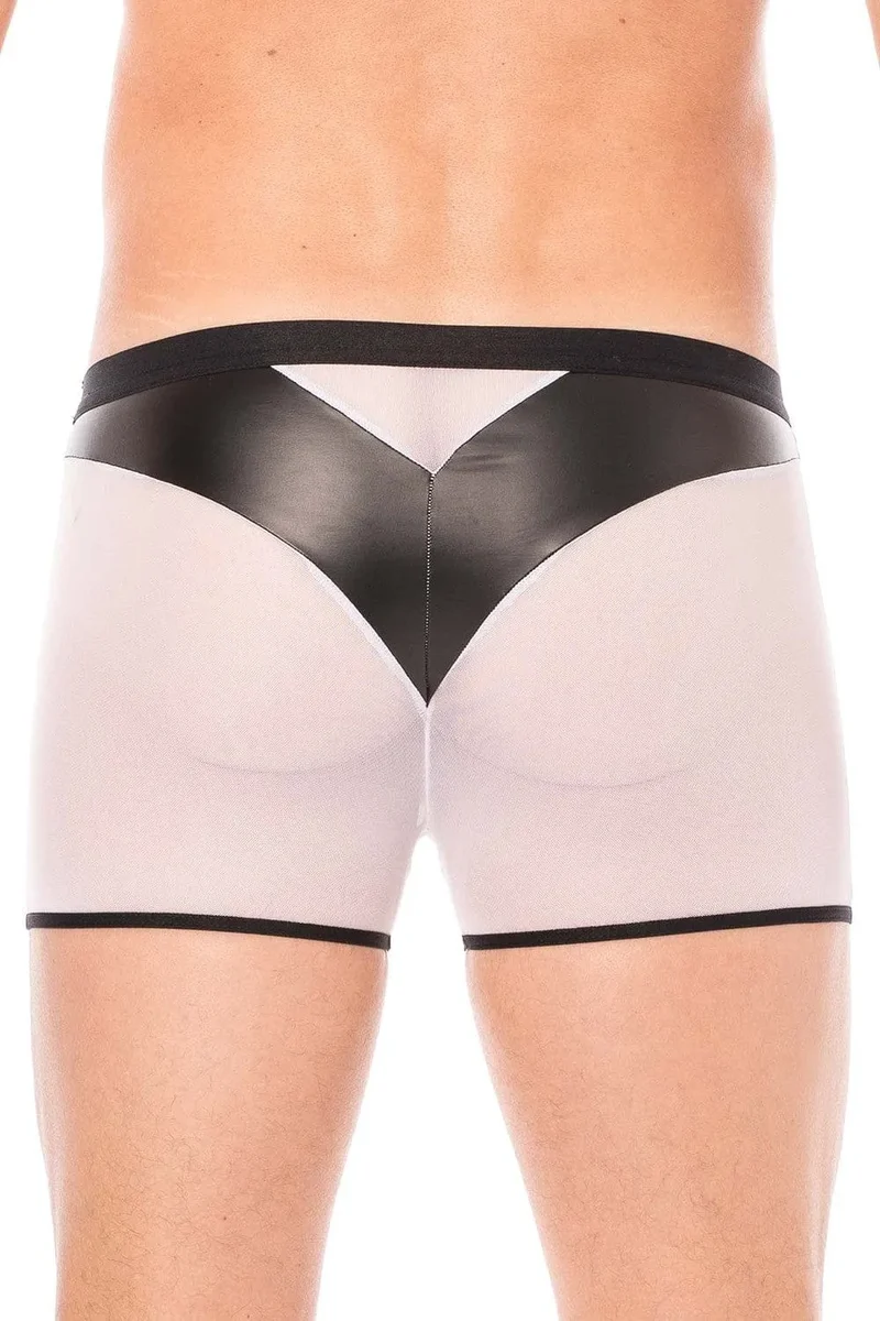 boxer sexy homme résille blanche simili cuir brillant souple poche transparente arrière opacité contraste matière polyester elasthanne