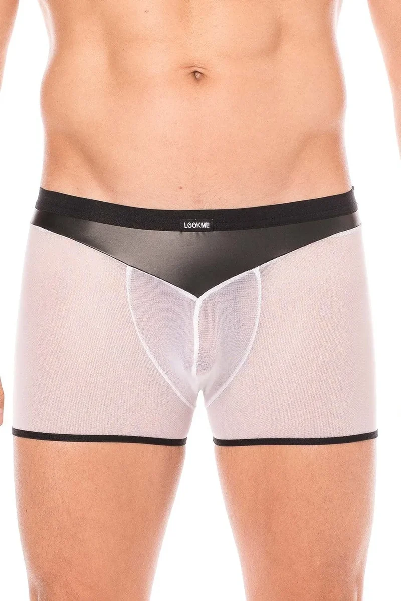 boxer sexy homme résille blanche simili cuir brillant souple poche transparente arrière opacité contraste matière polyester elasthanne