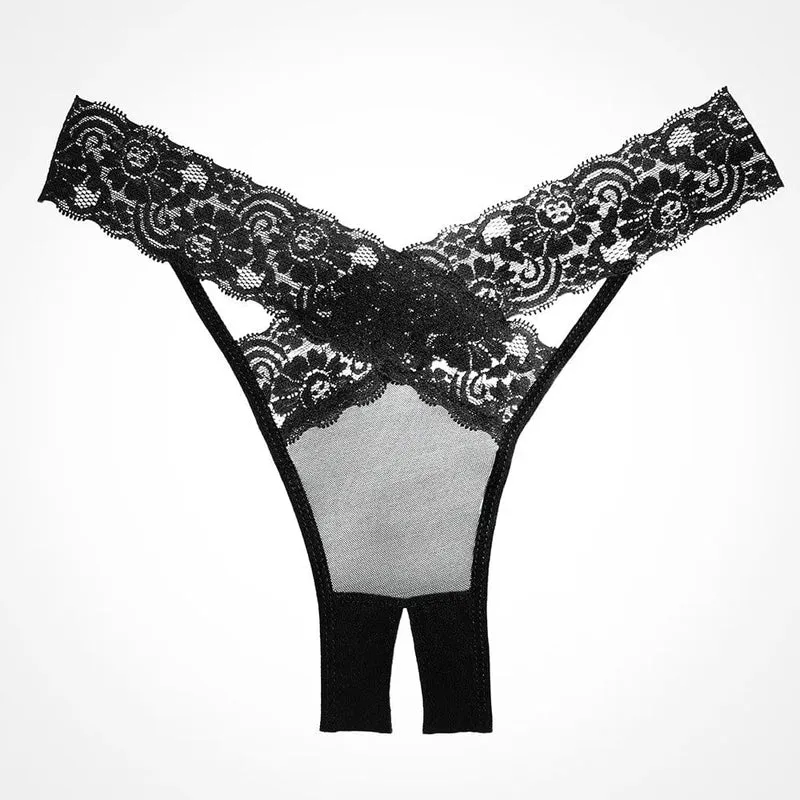 culotte sexy noire résille ouverte dentelle audacieuse raffinée sensuelle élégante transparence bandes croisées fines confort polyester légère entretien main