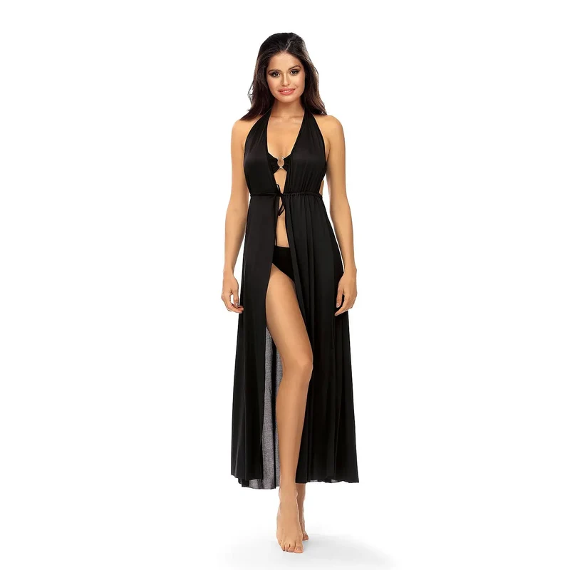 Robe longue sophistiquée séduisante lingerie noire décolleté anneau métallique fendue nœud polyester confort élégance sensualité