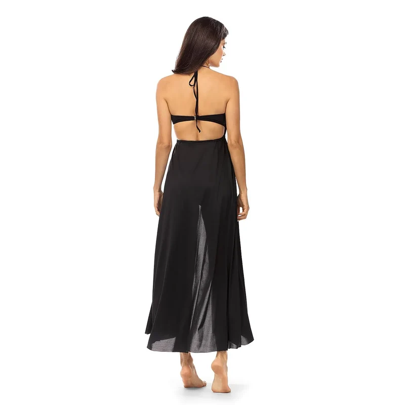 Robe longue sophistiquée séduisante lingerie noire décolleté anneau métallique fendue nœud polyester confort élégance sensualité