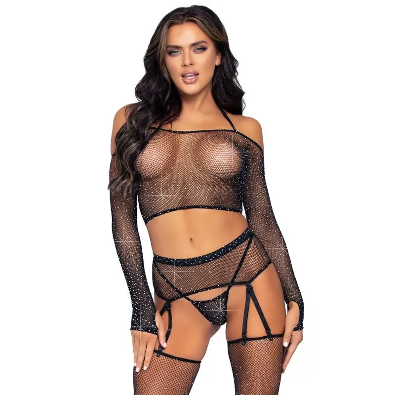 ensemble lingerie résille noire strass quatre pièces haut court string portejarretelles bas assortis nylon élasthanne extensible unique réglable glamour sensuel