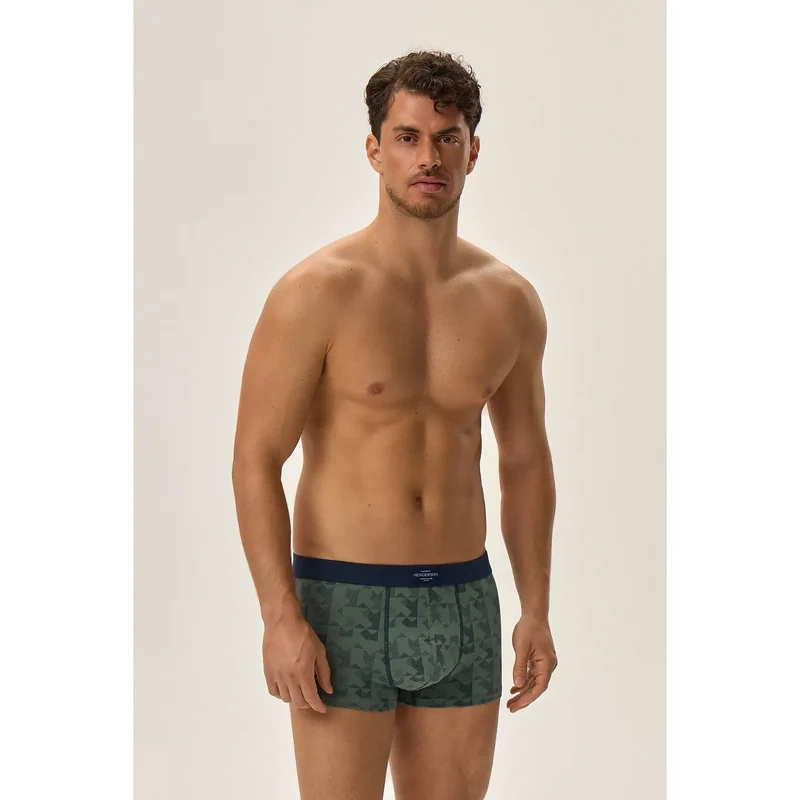 Boxers homme coupe étroite motif géométrique bleu vert gris uni coton élasthanne ceinture élastique coutures renforcées logo Henderson