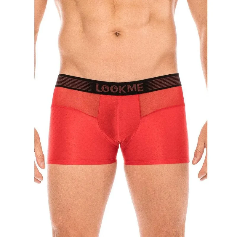 Boxer Rouge Homme Ceinture Élastique Inscription LOOKME Tissu Opaque Résille Transparente Avant Arrière Slip Design Coupe Ajustée Confortable Polyamide