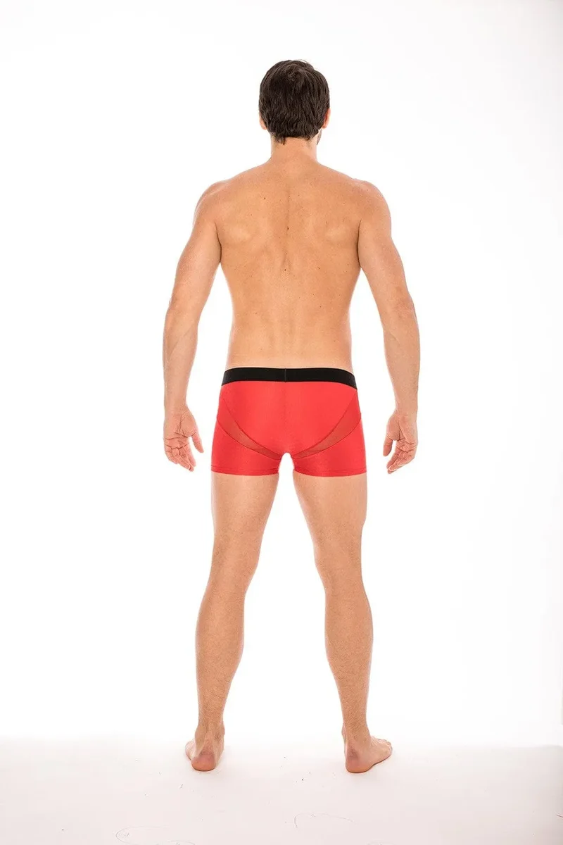 Boxer Rouge Homme Ceinture Élastique Inscription LOOKME Tissu Opaque Résille Transparente Avant Arrière Slip Design Coupe Ajustée Confortable Polyamide