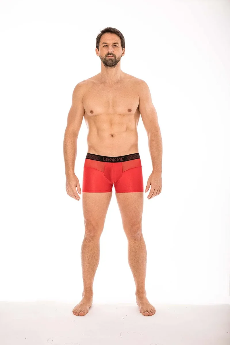 Boxer Rouge Homme Ceinture Élastique Inscription LOOKME Tissu Opaque Résille Transparente Avant Arrière Slip Design Coupe Ajustée Confortable Polyamide
