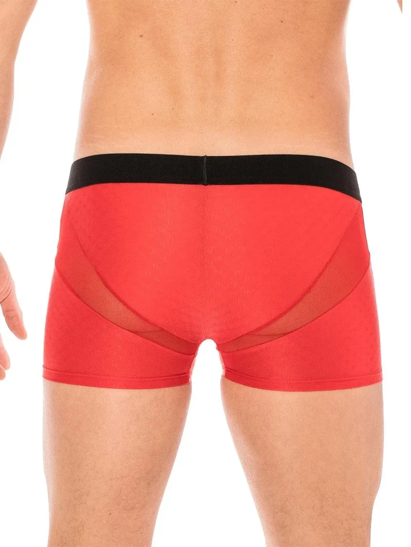 Boxer Rouge Homme Ceinture Élastique Inscription LOOKME Tissu Opaque Résille Transparente Avant Arrière Slip Design Coupe Ajustée Confortable Polyamide