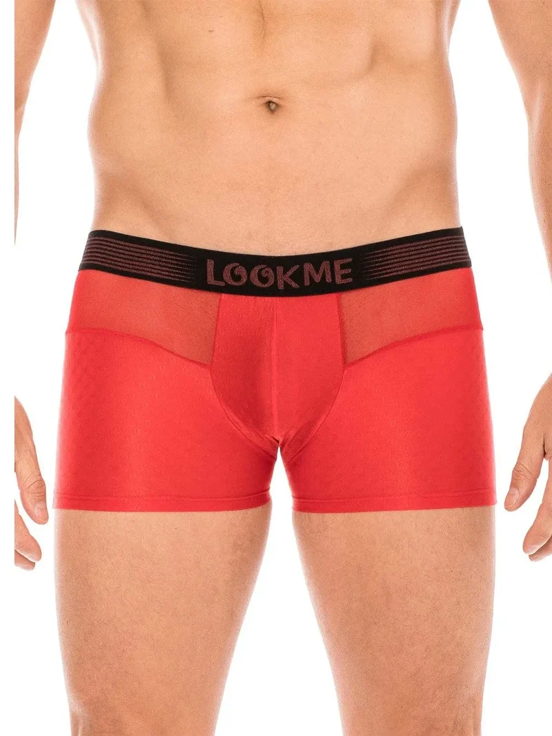 Boxer Rouge Homme Ceinture Élastique Inscription LOOKME Tissu Opaque Résille Transparente Avant Arrière Slip Design Coupe Ajustée Confortable Polyamide