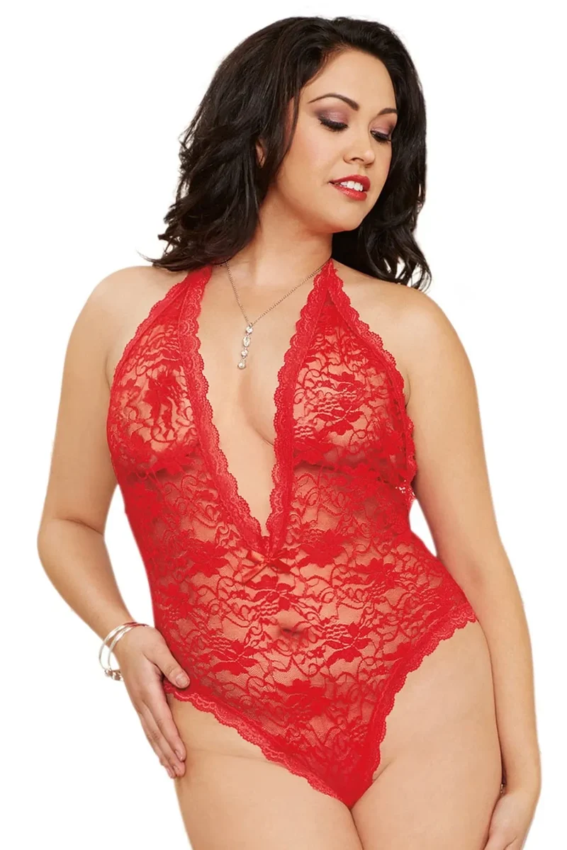 Body Rouge Dentelle Florale Femme Ronde Pulpeuse Décolleté Plongeant Dos Nu Ouverture Coeur Élastique Maintien Confortable Sexy Glamour