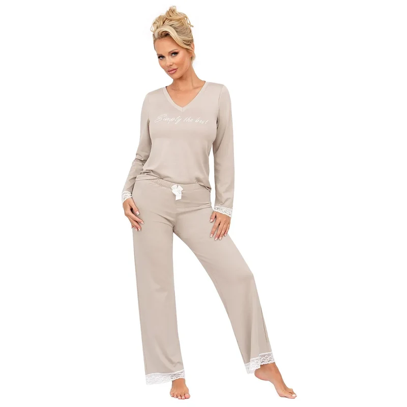 pyjama élégant femme dentelle blanche taupe manches longues col V confortable nuit détente pantalon long taille élastique nœud décoratif