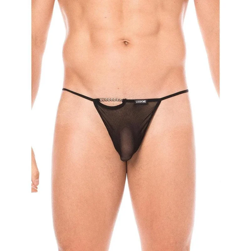 String hommes sexy transparent noir design sensuel confort polyamide élasthanne extensible chainettes devant dos minimaliste élégant moderne ajustable respirant
