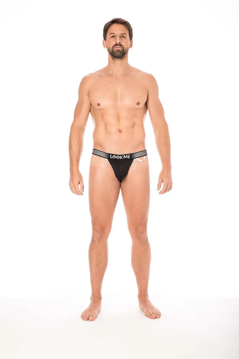 slip noir élégant échancré masculin fermeture éclair frontale bande élastique siglée anneau latéral matière polyamide élasthanne confort durable collection urbaine