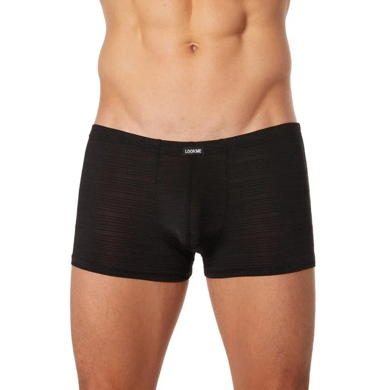 Shorty boxer sexy homme noir transparent légèrement motifs fins lignes maillons élégant sobre polyamide elasthanne extensible