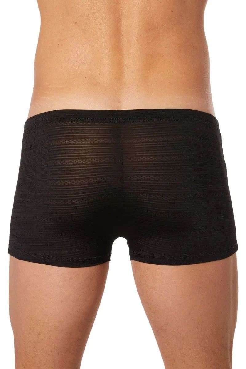 Shorty boxer sexy homme noir transparent légèrement motifs fins lignes maillons élégant sobre polyamide elasthanne extensible