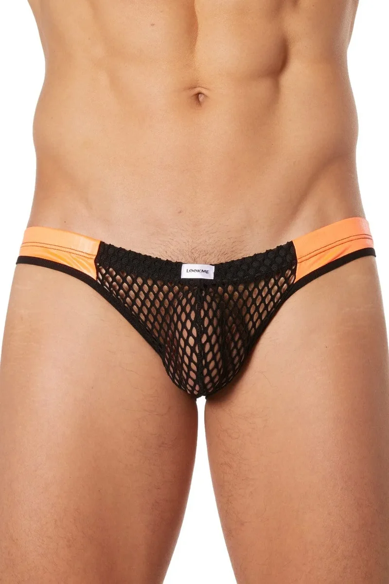 Slip échancré homme filet noir chic bandes simili cuir orange respirant confortable extensible maintien sexy nylon élasthanne