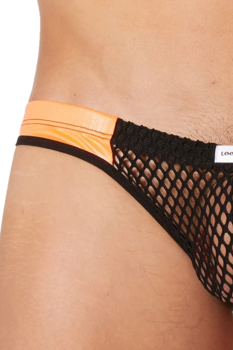 Slip échancré homme filet noir chic bandes simili cuir orange respirant confortable extensible maintien sexy nylon élasthanne