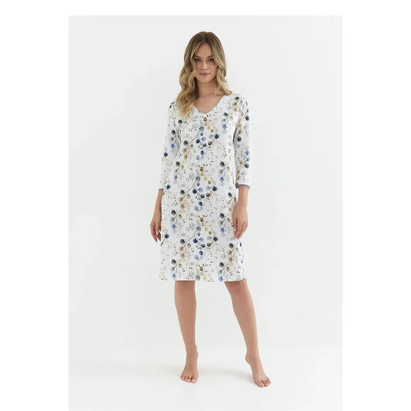 Chemise de nuit élégante en coton 100% imprimé floral style V-neck manches 3/4 ajustement loose femme nuits romantiques confort intime