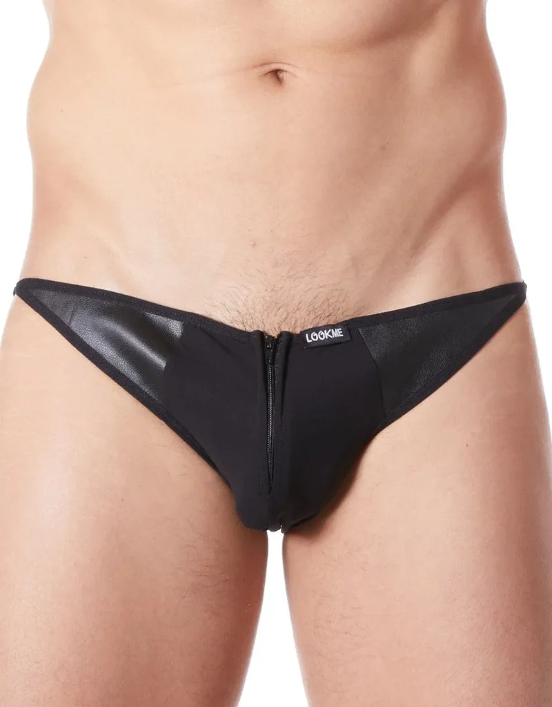 slip noir sexy fermeture éclair avant côtés style cuir tissu doux extensible coupe string arrière transparent bande opaque
