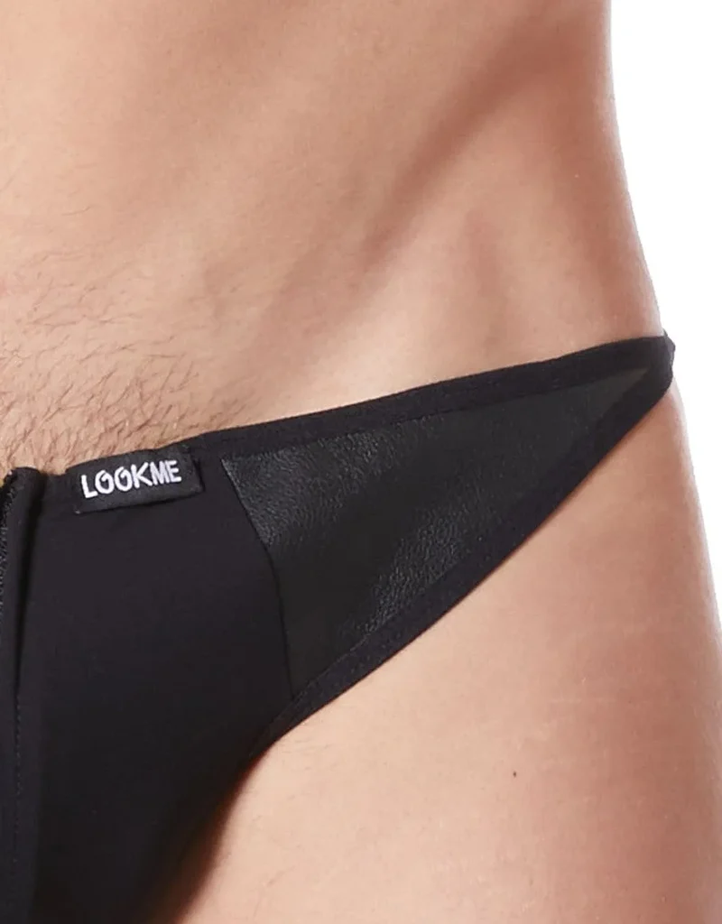 slip noir sexy fermeture éclair avant côtés style cuir tissu doux extensible coupe string arrière transparent bande opaque