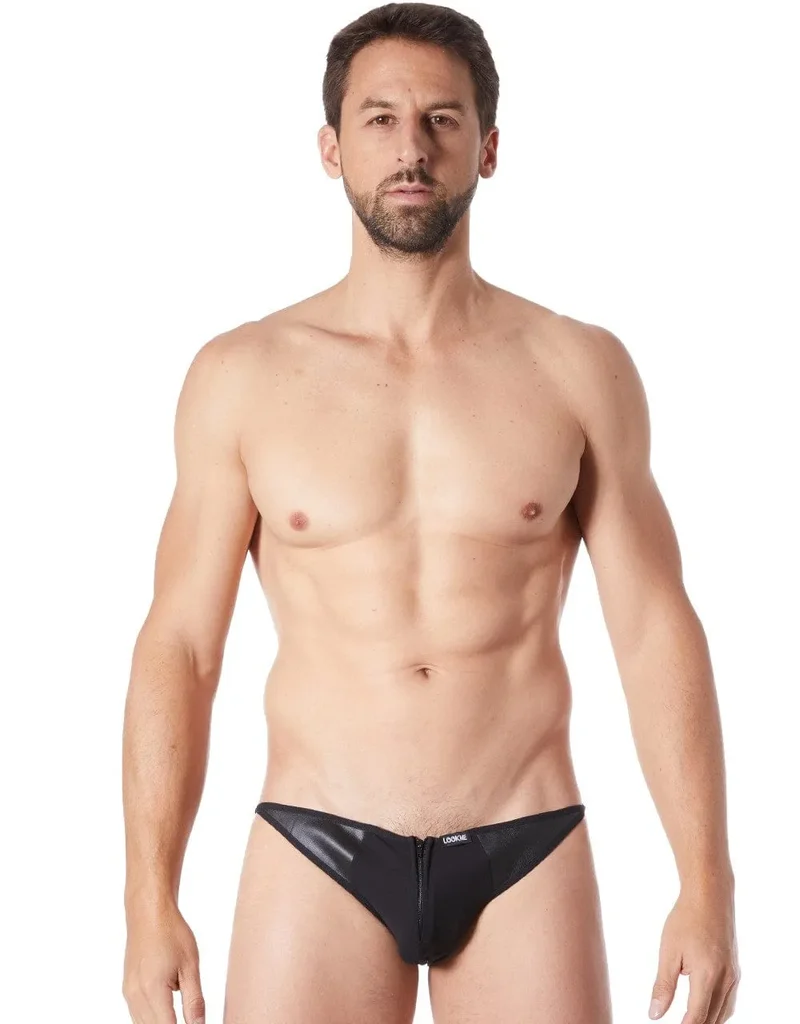 slip noir sexy fermeture éclair avant côtés style cuir tissu doux extensible coupe string arrière transparent bande opaque