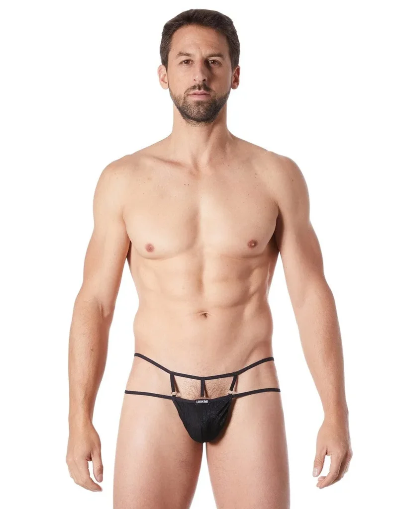 String sexy noir élégant ornements croisés tissu raffiné brillance légère confortable ajustement parfait souplesse durable glamour séduisant sensuel sculptant