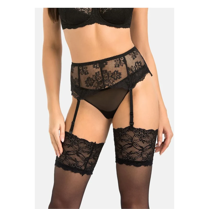 Porte-jarretelles dentelle noire ajustable grande taille motif floral Teyli