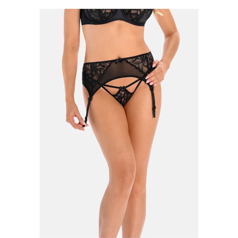 Porte-jarretelles noir dentelle florale maille transparente ajustable sexy Teyli