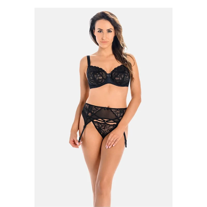Porte-jarretelles noir dentelle florale maille transparente ajustable sexy Teyli