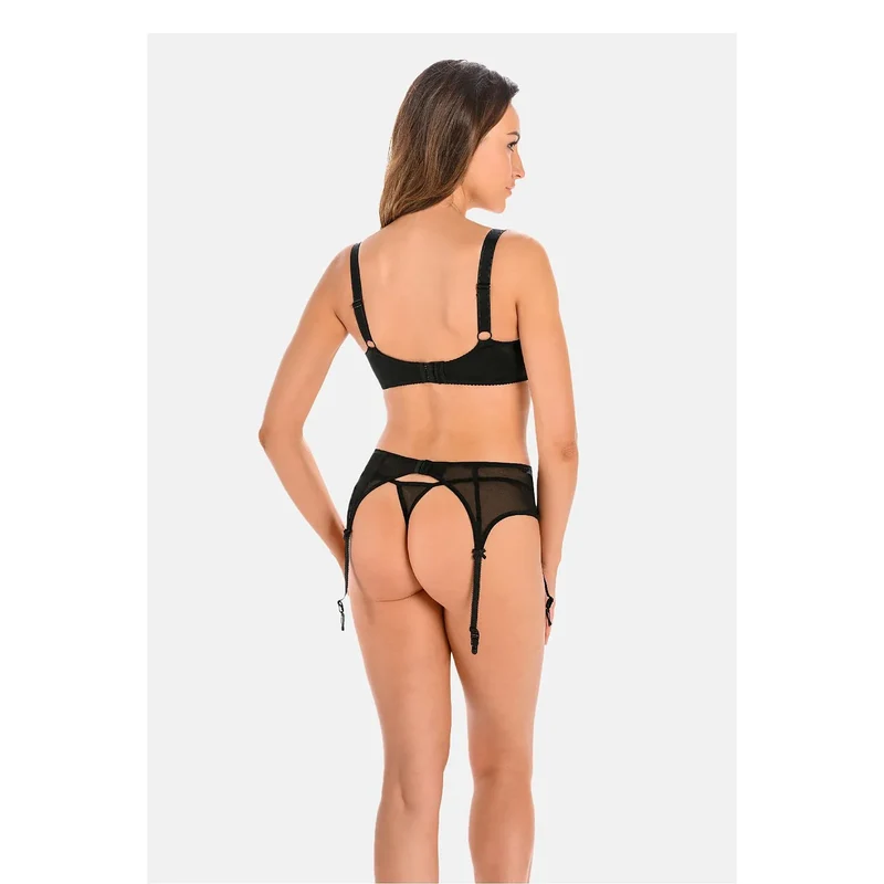 Porte-jarretelles noir dentelle florale maille transparente ajustable sexy Teyli