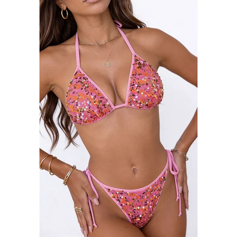 Soutien-gorge bikini triangulaire paillettes élégantes confort ajustable bonnets amovibles