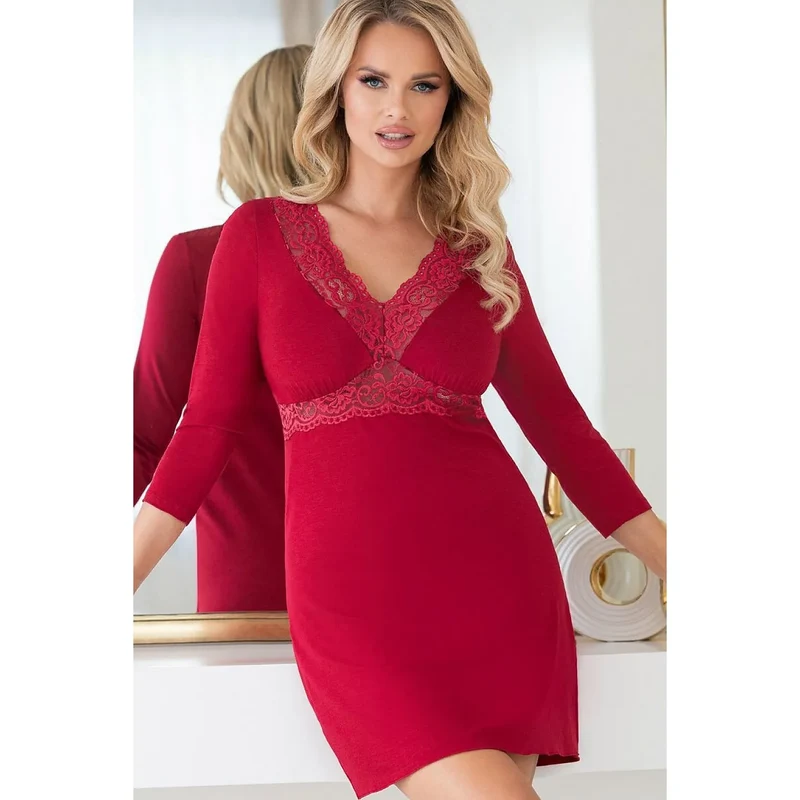 Chemise de nuit bordeaux élégante viscose dentelle manches 3/4 femme